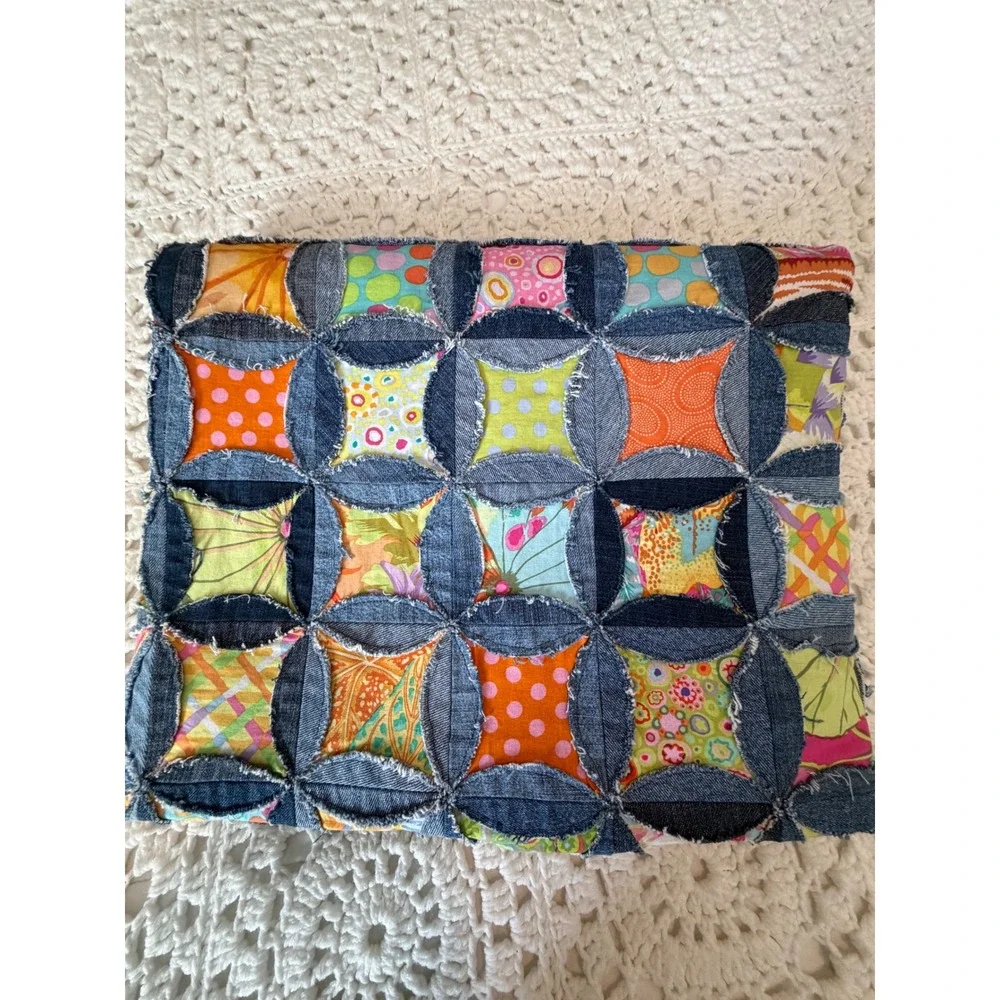 Handmade Denim Cathedral Window Rag Quilt Patchwork Throw Blanket 57x47